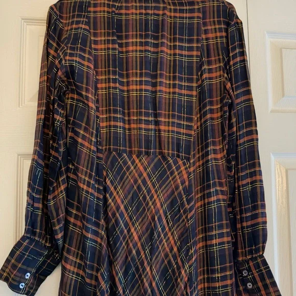 NATURAL LIFE Navy and Orange Plaid Long Sleeve Dress With Gold Thread (Rare) - Picture 4 of 7